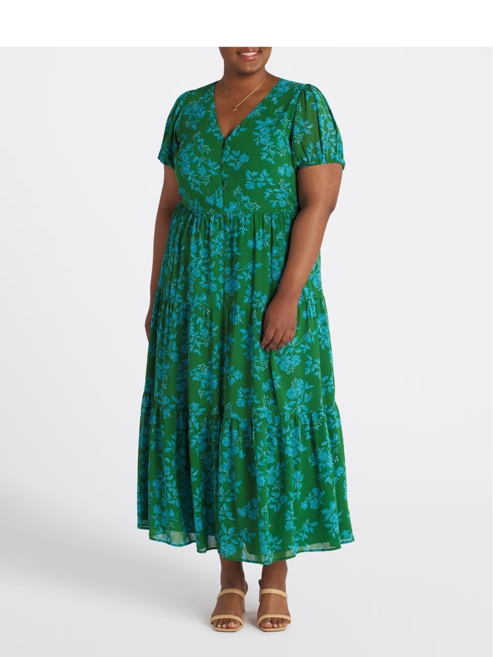 41 Hawthorn Janine Short Sleeve Green Maxi Dress with Blue Floral Pattern - Picture 2 of 4